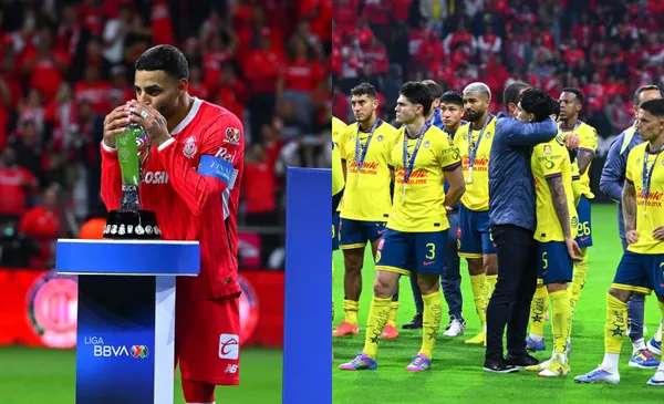 Alexis Vega festeja título de la Liga MX, a la derecha, jugadores de América se lamentan (Fuente: Mexsports)