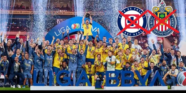 América festejando y escudo de Chivas y Cruz Azul/FOTO: x América
