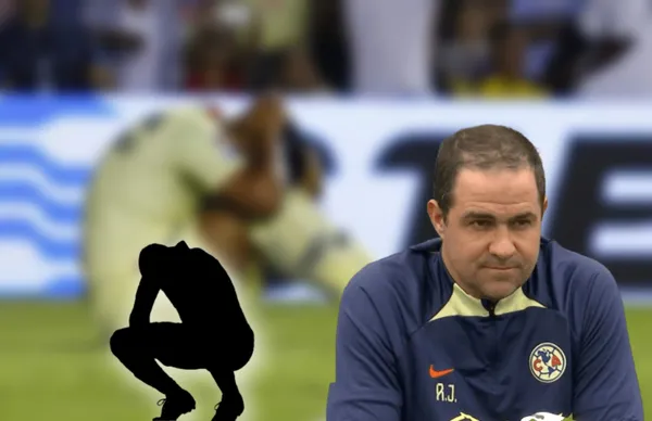 André Jardine sonriendo y silueta de futbolista hincado/ Foto Récord.