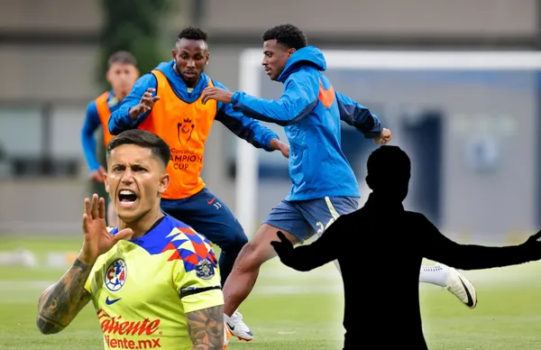 Brian Rodríguez gritando y de fondo jugadores del América entrenando/ Foto América.