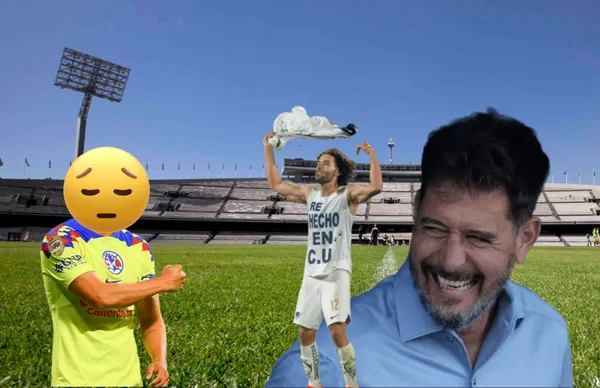 César Huerta y Gustavo Lema riendo, a su lado un jugador de América/ Foto Pumas.