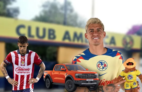 Cristian Calderón con el uniforme del América y en primer plano una camioneta/ Foto Récord.