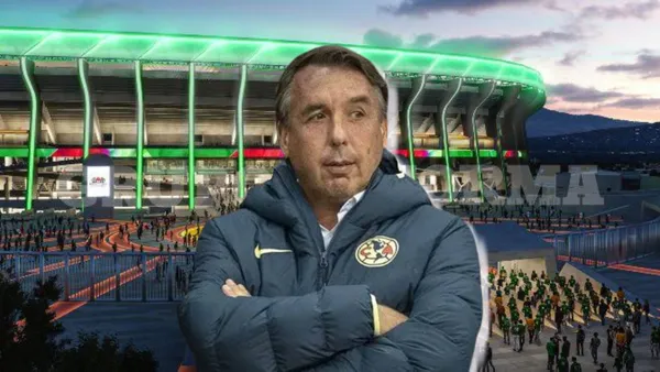 Emilio Azcarraga con el nuevo Estadio Azteca de fondo