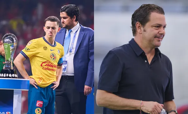 Fidalgo ve el trofeo de la Liga MX, a la derecha Baños en un estadio (Fuente: Mexsports)