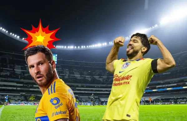 Henry Martín celebrando en el Estadio Azteca y André Pierre Gignac molesto/ Foto Club América.