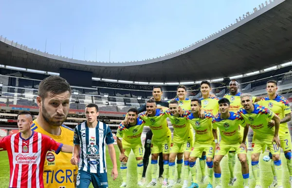 Jugadores del América en el Estadio Azteca junto a otros futbolistas de Tigres, Chivas y Pachuca.
