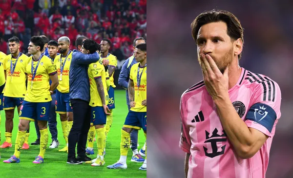 Jugadores del América reciben medalla, a la derecha, Messi en Inter Miami (Fuente: Mexsports)