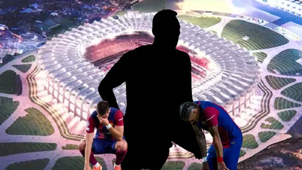 Jugadores del Barcelona con el nuevo Estadio Azteca de fondo