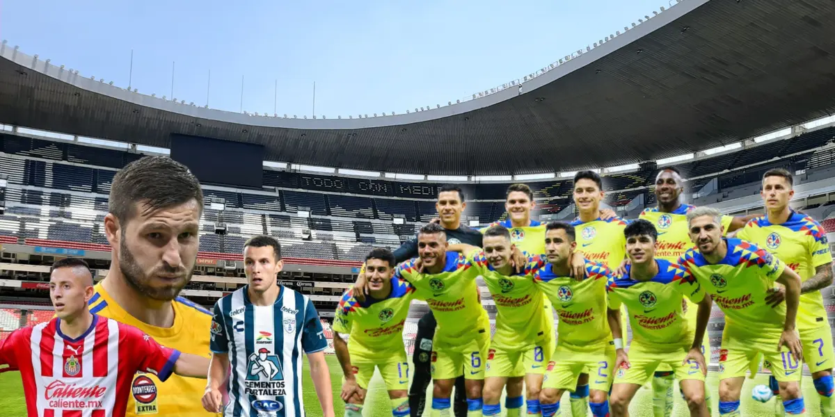 Jugadores del América en el Estadio Azteca junto a otros futbolistas de Tigres, Chivas y Pachuca.