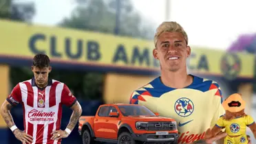 Cristian Calderón con el uniforme del América y en primer plano una camioneta/ Foto Récord.