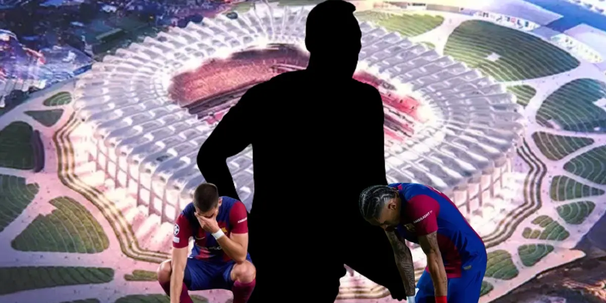 Jugadores del Barcelona con el nuevo Estadio Azteca de fondo