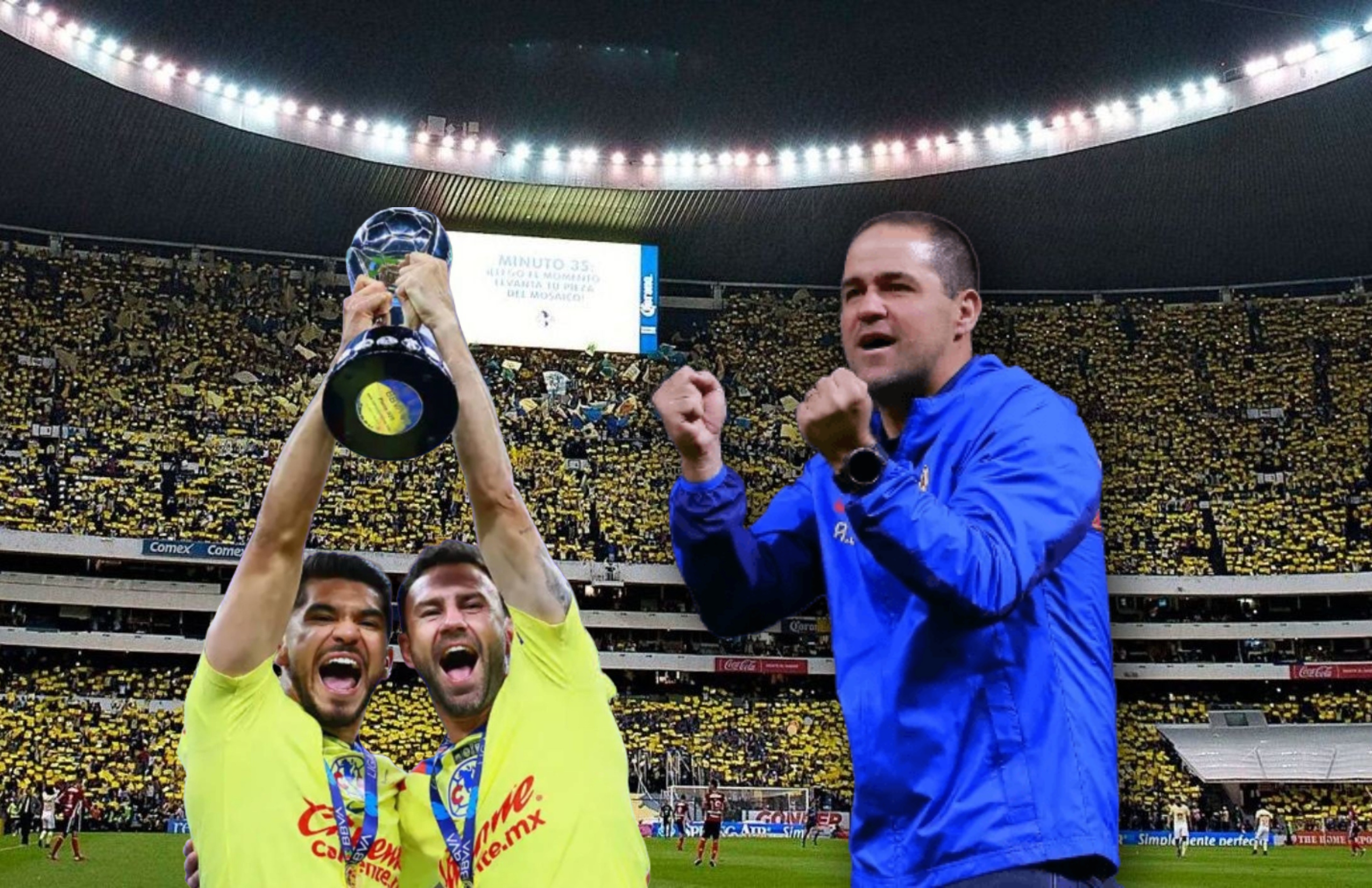 André Jardine celebrando y jugadores del América levantando título/ Foto Récord.